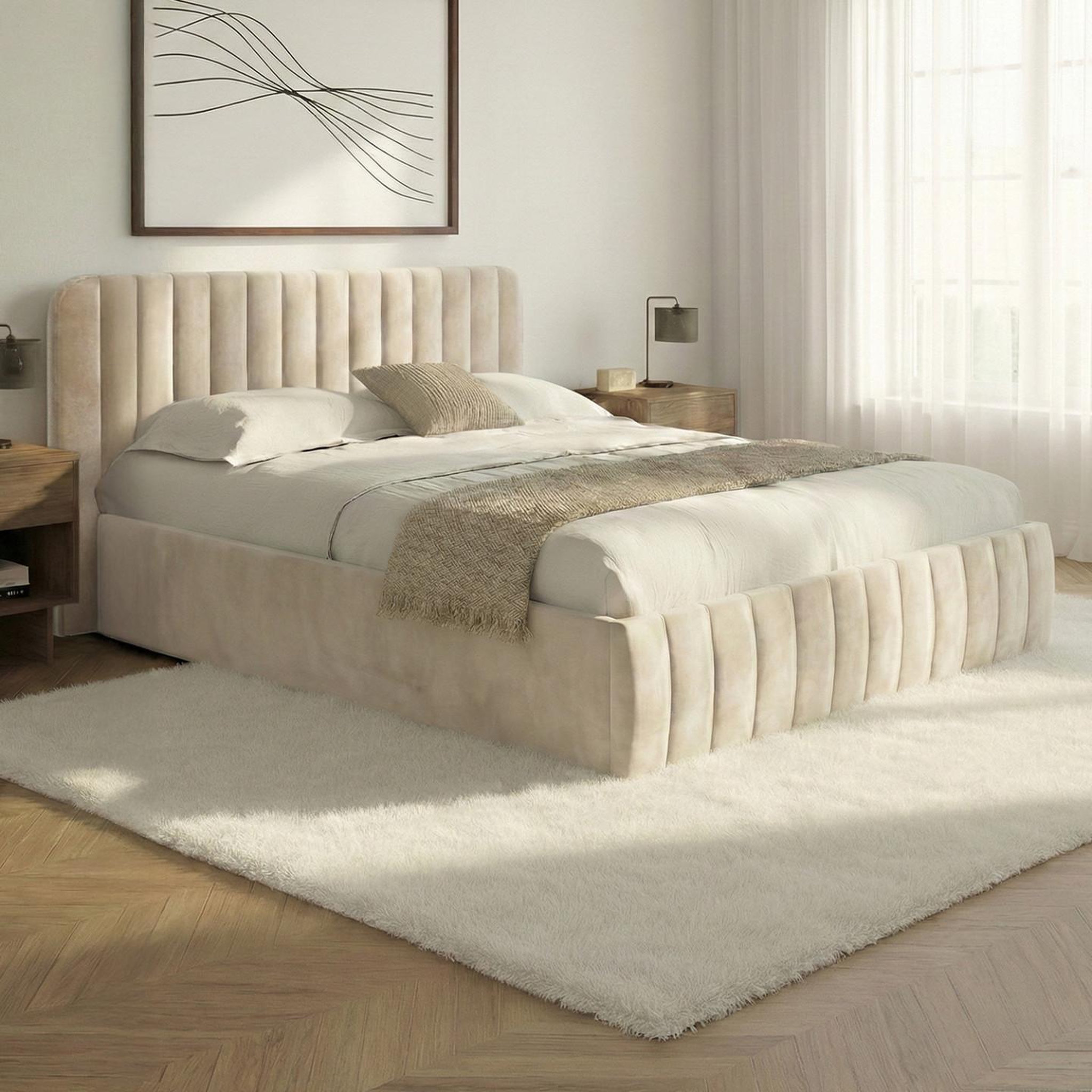 Voir la diapositive 4 : ID MARKET Lit coffre double alba avec tête de lit et sommier 140 x 190 cm velours beige