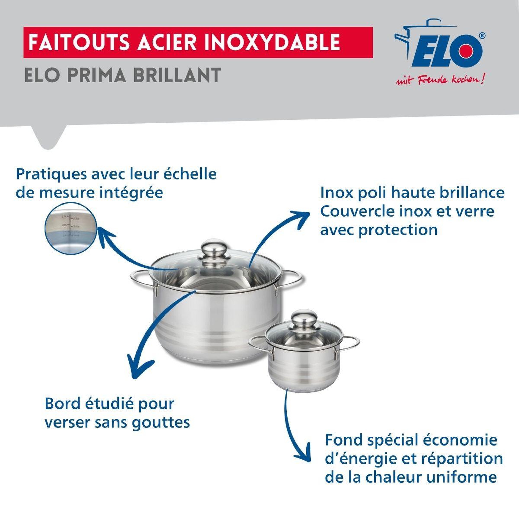 Voir la diapositive 3 : ELO Ensemble de 3 poêles de cuisson 24, 28 et 32 cm et 2 faitouts 12 et 20 cm elo profi brillant