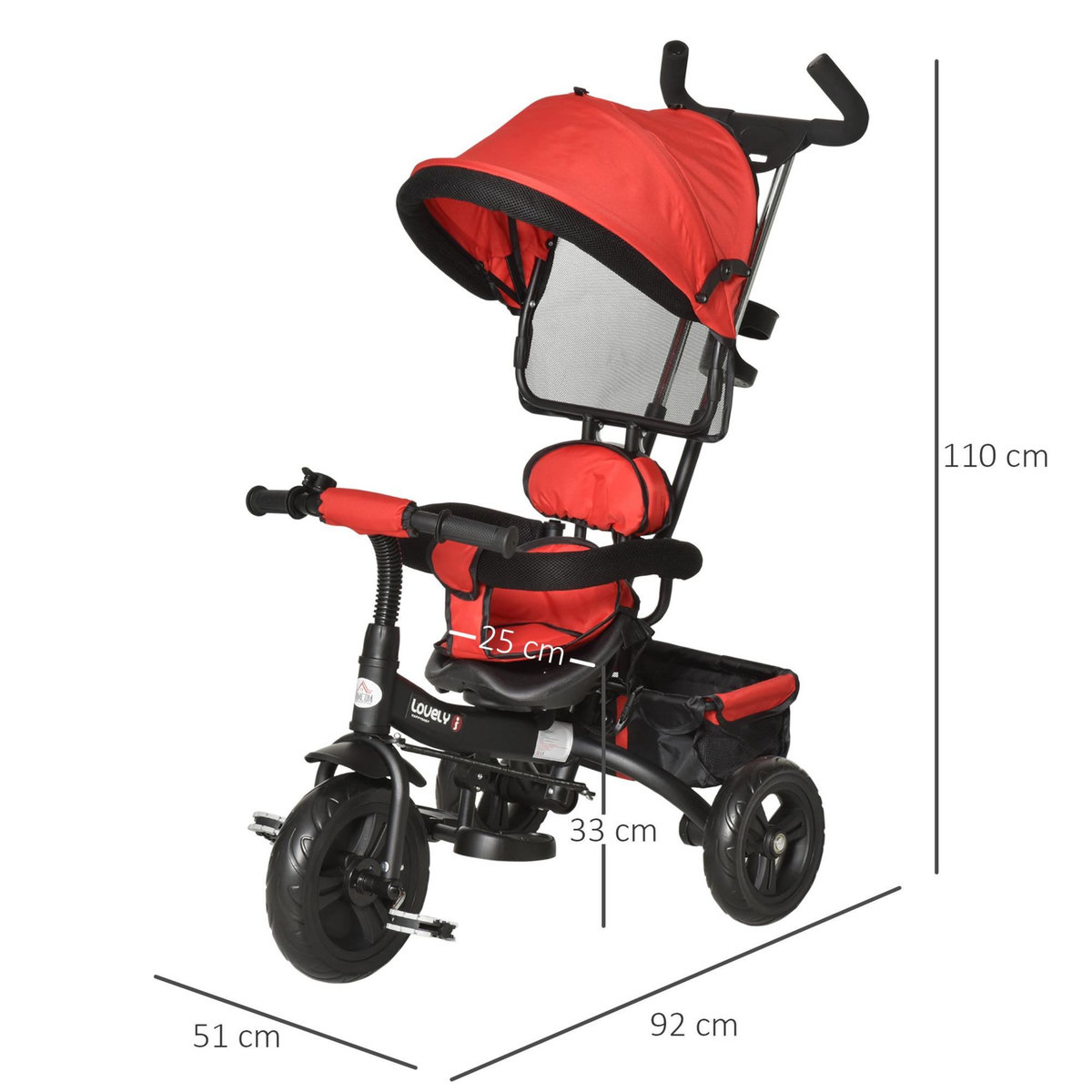 HOMCOM Tricycle enfant évolutif pare-soleil pliable canne  télescopique amovible 92 x 51 x 110 cm acier rouge noir