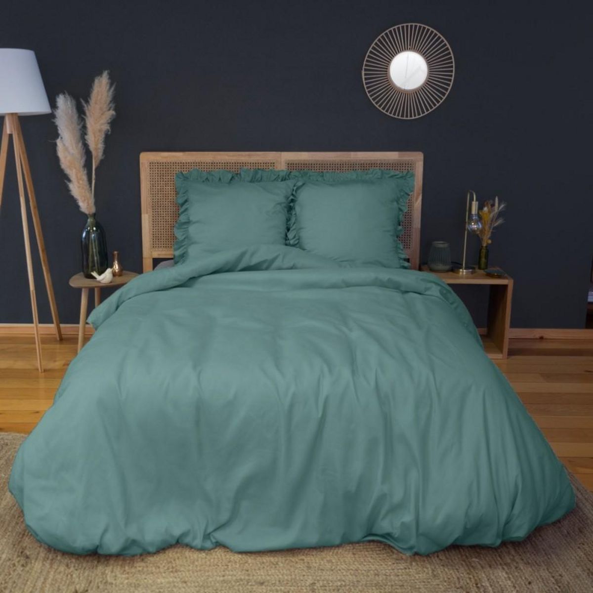 COTE DECO Housse de couette 240x220 FALBALA verte + 2 taies à volants