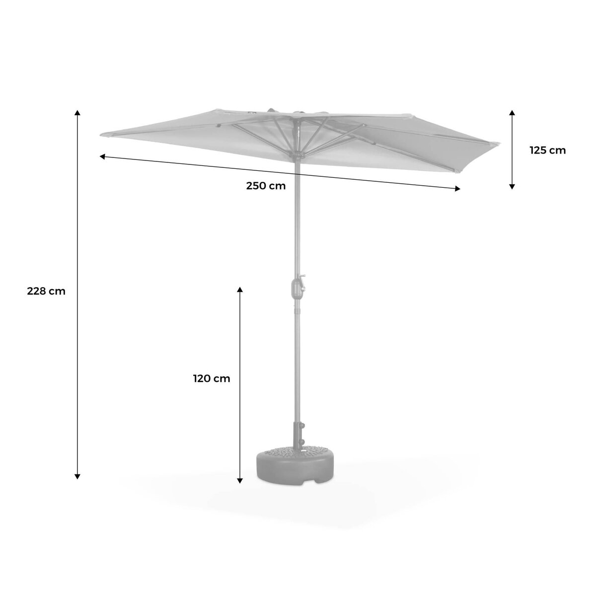 SWEEEK Parasol de balcon Ø250cm  – CALVI – Demi-parasol droit, mât central en aluminium avec manivelle d'ouverture