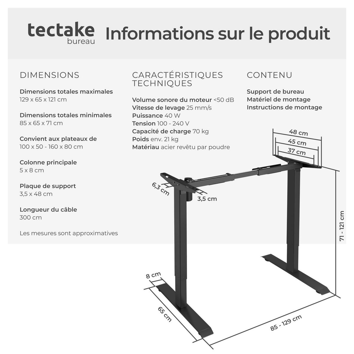 tectake Bureau assis debout avec réglage électrique de la hauteur