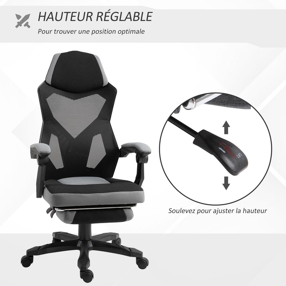 HOMCOM Fauteuil gaming chaise gamer dossier et hauteur réglable roulettes pivotantes repose-pied tissu maille gris noir