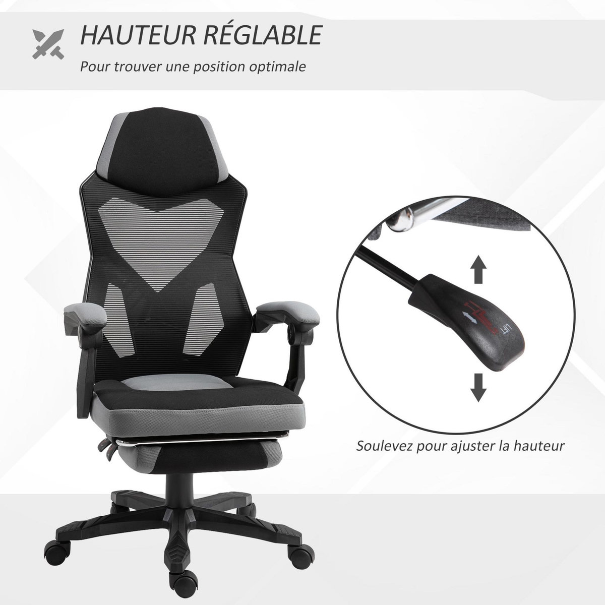 HOMCOM Fauteuil gaming chaise gamer dossier et hauteur réglable roulettes pivotantes repose-pied tissu maille gris noir