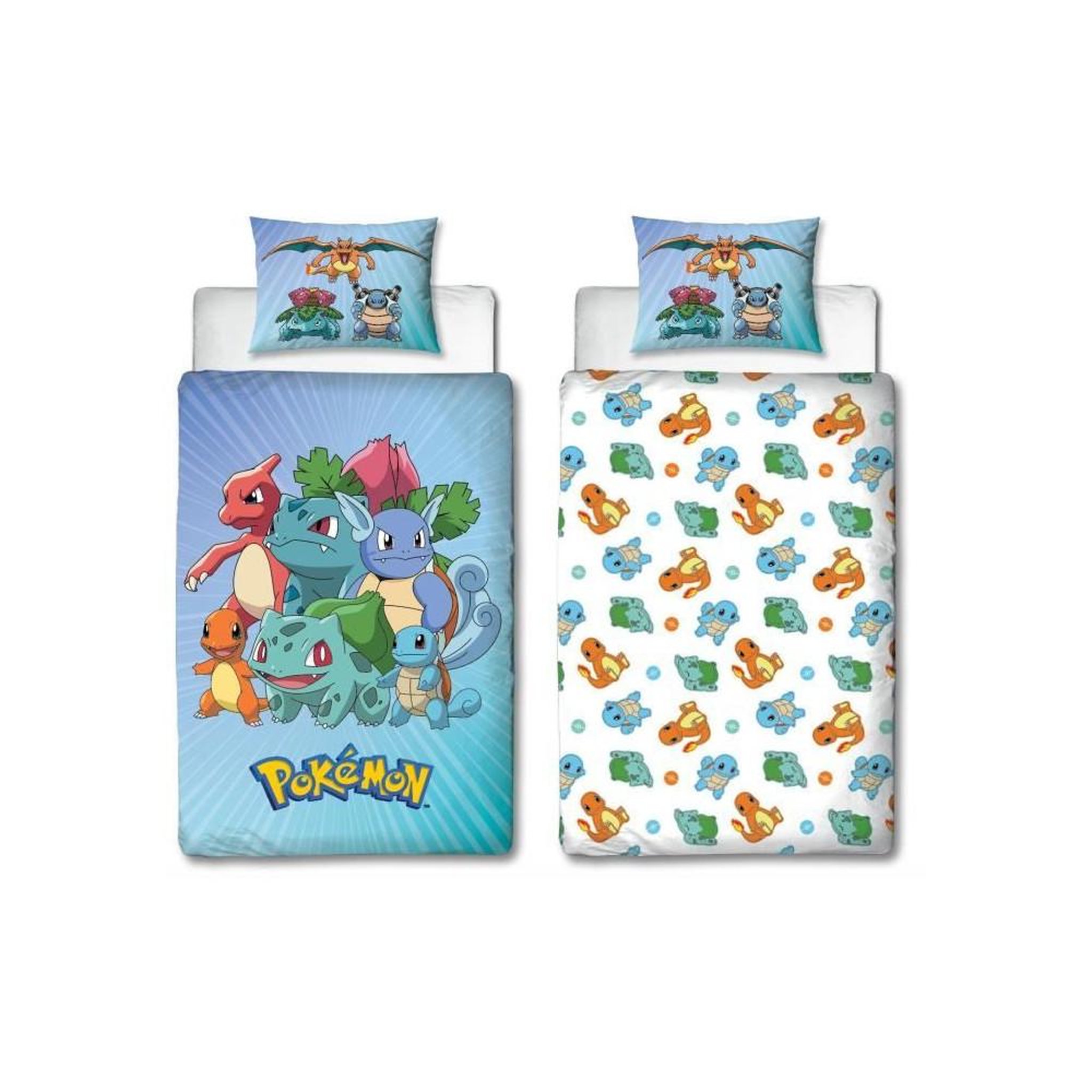 Pokemon Parure de lit réversible - POKEMON - Pikachu et Starter - Bleu - Microfibre - 1 housse de couette 140 x 200 cm + 1 taie 63 x 63