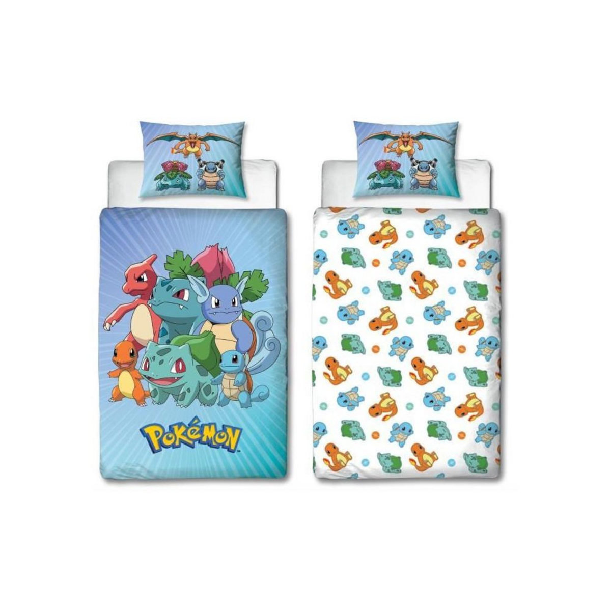 Pokemon Parure de lit réversible - POKEMON - Pikachu et Starter - Bleu - Microfibre - 1 housse de couette 140 x 200 cm + 1 taie 63 x 63