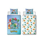 Pokemon Parure de lit réversible - POKEMON - Pikachu et Starter - Bleu - Microfibre - 1 housse de couette 140 x 200 cm + 1 taie 63 x 63