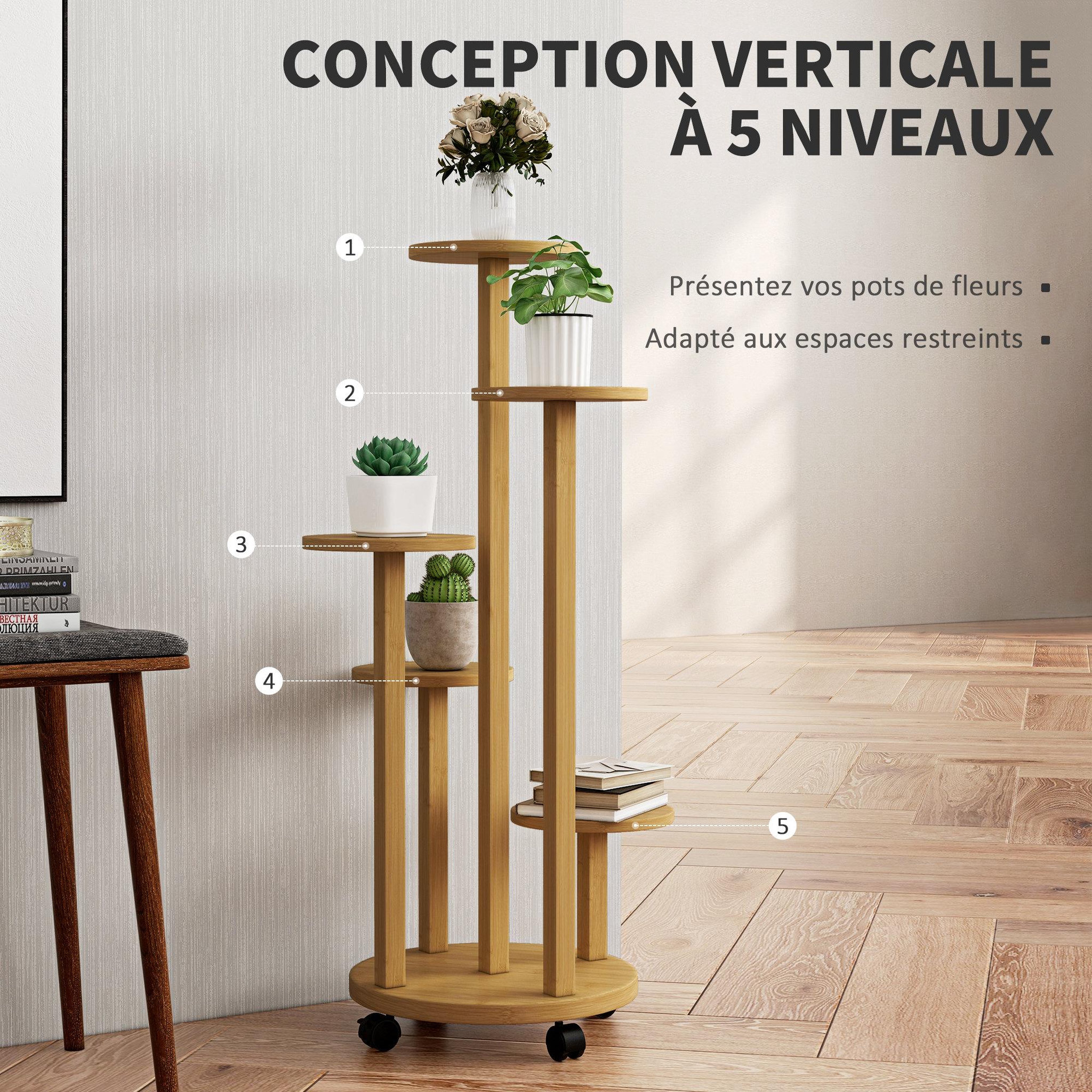 Voir la diapositive 4 : OUTSUNNY Étagère à plantes support à plantes 5 niveaux bambou
