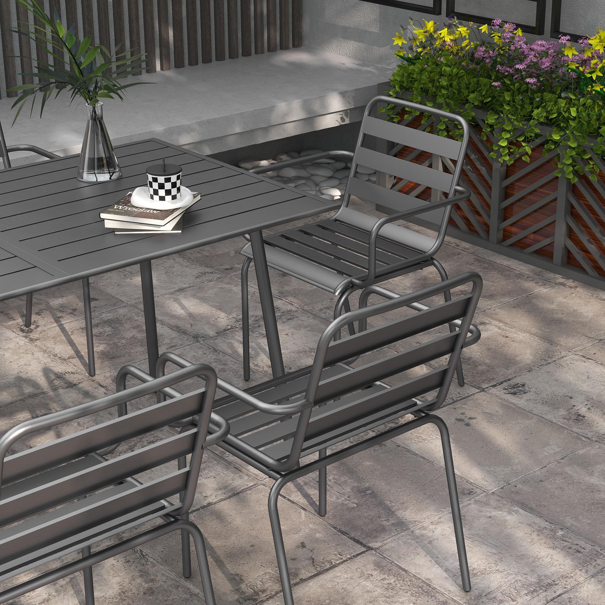 Voir la diapositive 5 : OUTSUNNY Salon de jardin 6 places 7 pièces - table à manger 6 chaises empilables - acier thermolaqué gris