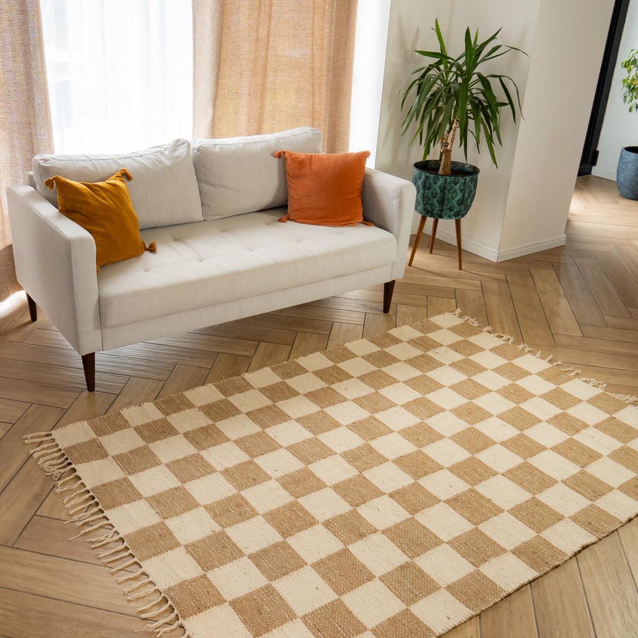 Voir la diapositive 2 : FUTURE HOME Tapis déco damier à franges en coton et jute 140x200cm