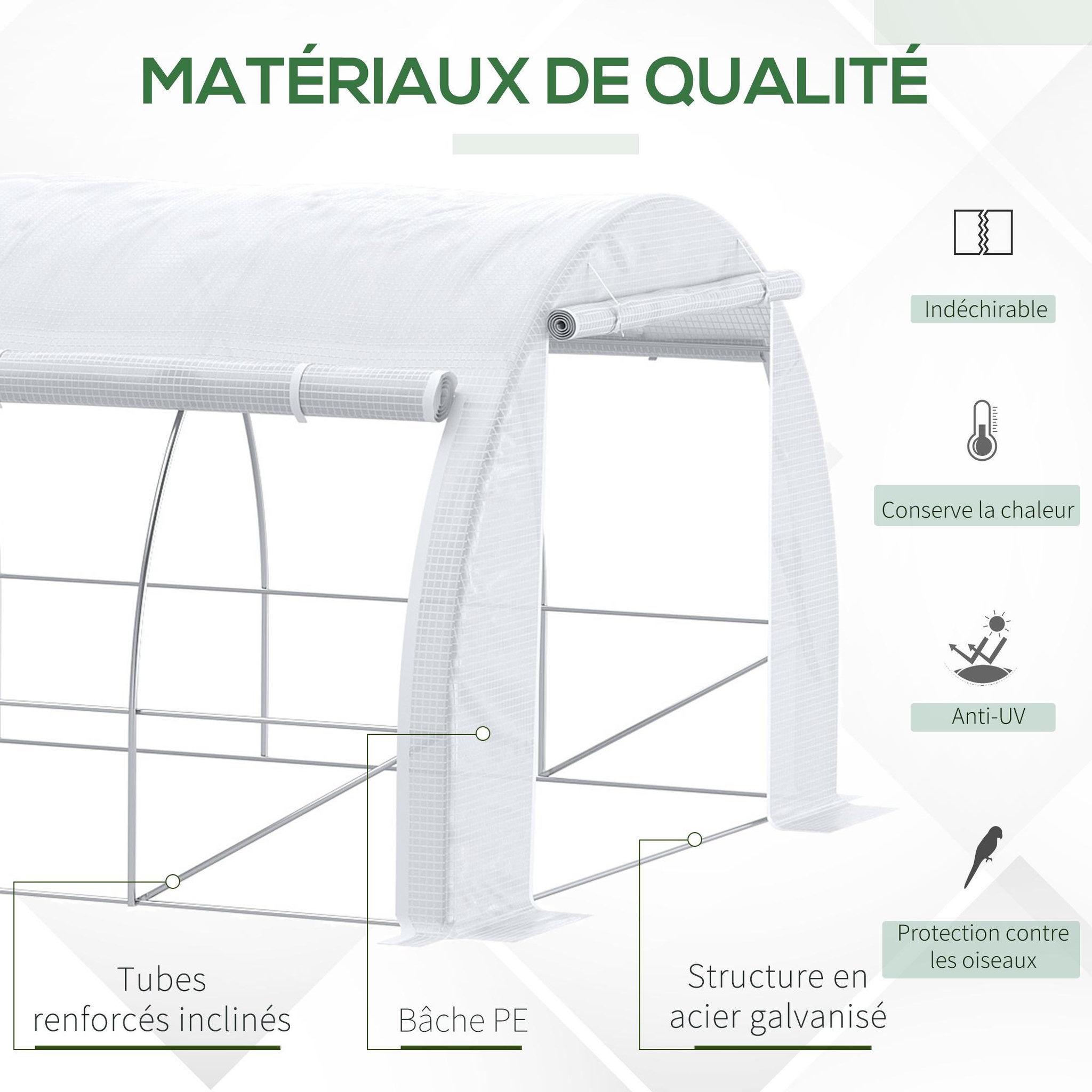 Voir la diapositive 4 : OUTSUNNY Serre de jardin tunnel 18 m² dim. 5,97l x 3,02l x 2h m - 12 fenêtres, porte zippée enroulable - châssis tubulaire acier galvanisé, bâche pe haute densité blanc