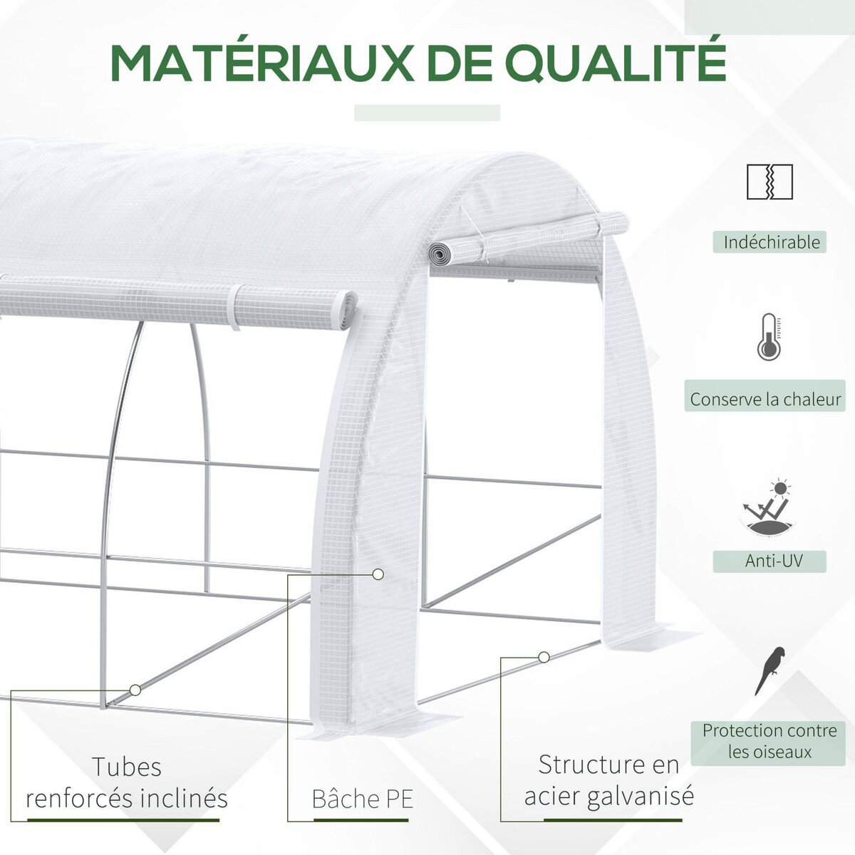 OUTSUNNY Serre de jardin tunnel 18 m² dim. 5,97L x 3,02l x 2H m - 12 fenêtres, porte zippée enroulable - châssis tubulaire acier galvanisé, bâche PE haute densité blanc