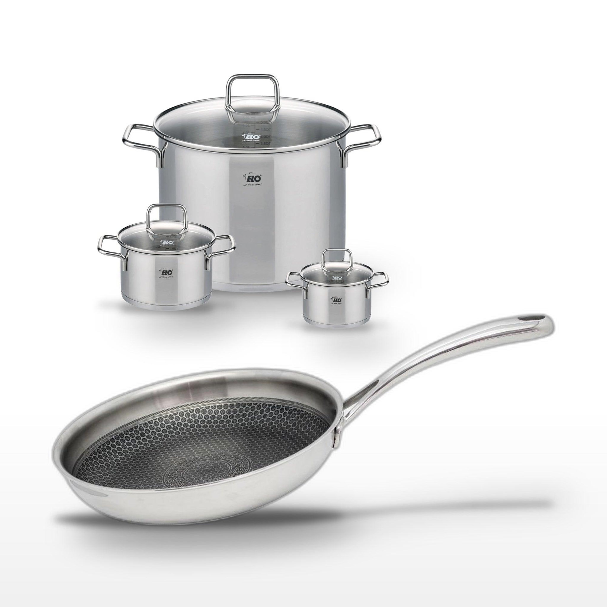 ELO Lot 3 faitouts inox elo relief evolution 12/16/26cm et poêle 28cm