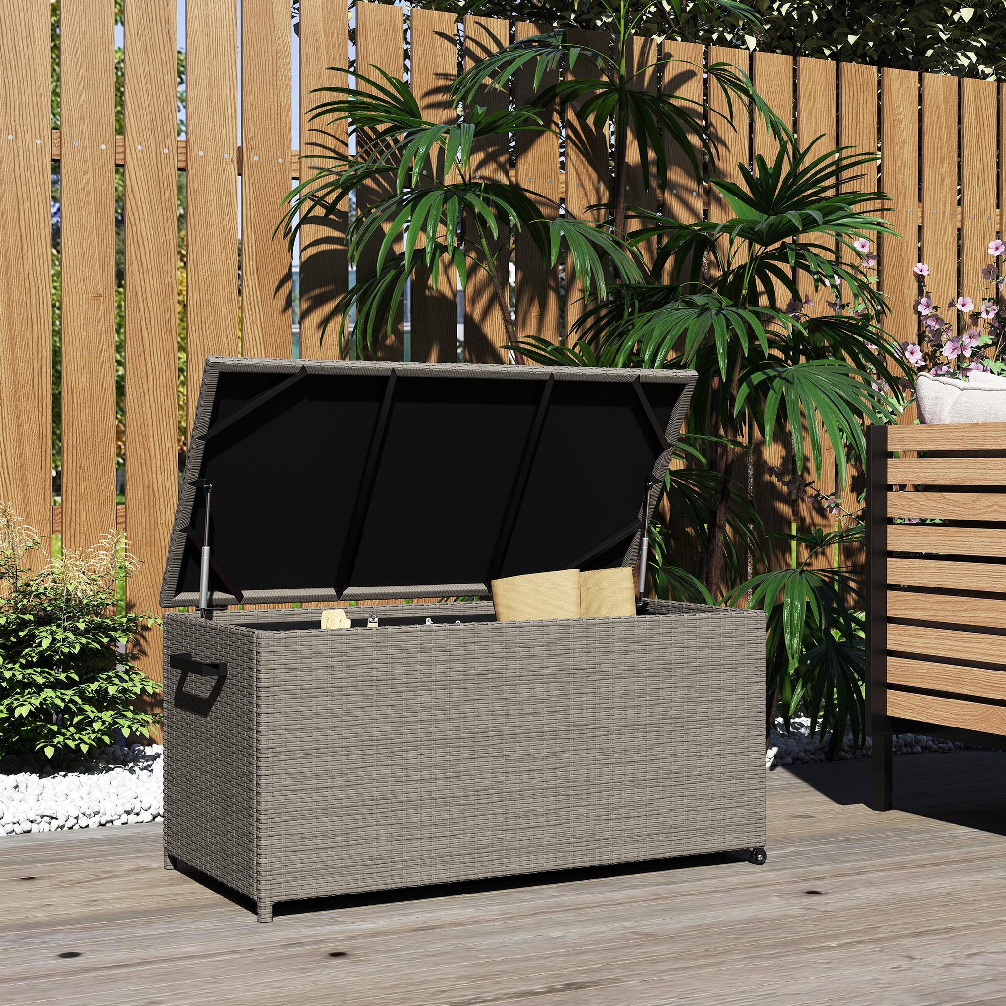 Voir la diapositive 2 : OUTSUNNY Coffre de jardin en résine tressée 184L - 2 roues, poignée, vérins gaz - dim. 102 x 52 x 52 cm - gris