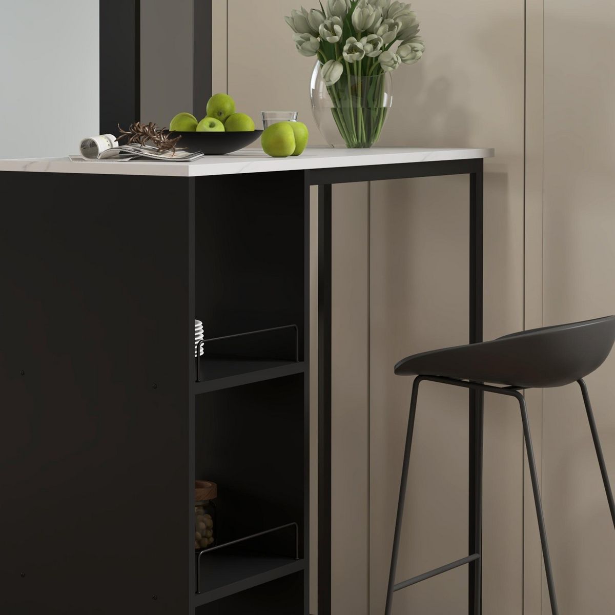 HOMCOM Table de bar design contemporain - table haute 3 niches avec range-bouteilles - acier panneaux noir aspect marbre blanc