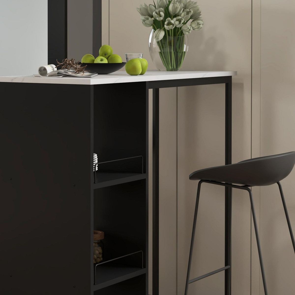 HOMCOM Table de bar design contemporain - table haute 3 niches avec range-bouteilles - acier panneaux noir aspect marbre blanc