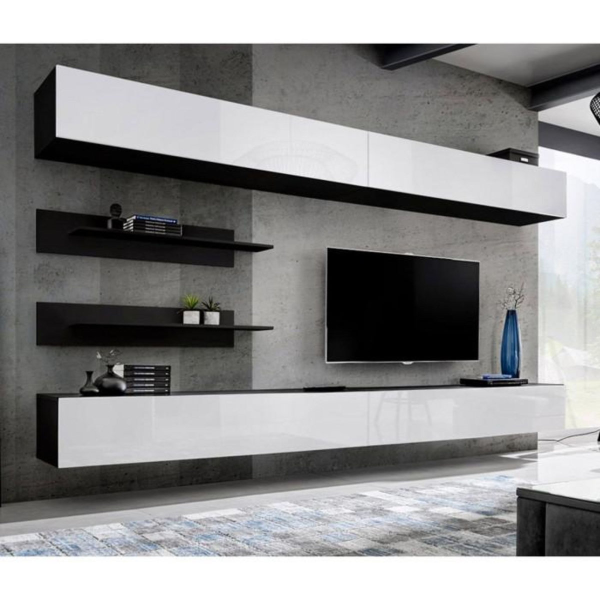 Paris Prix Meuble TV Mural Design  Fly VI  320cm Blanc & Noir