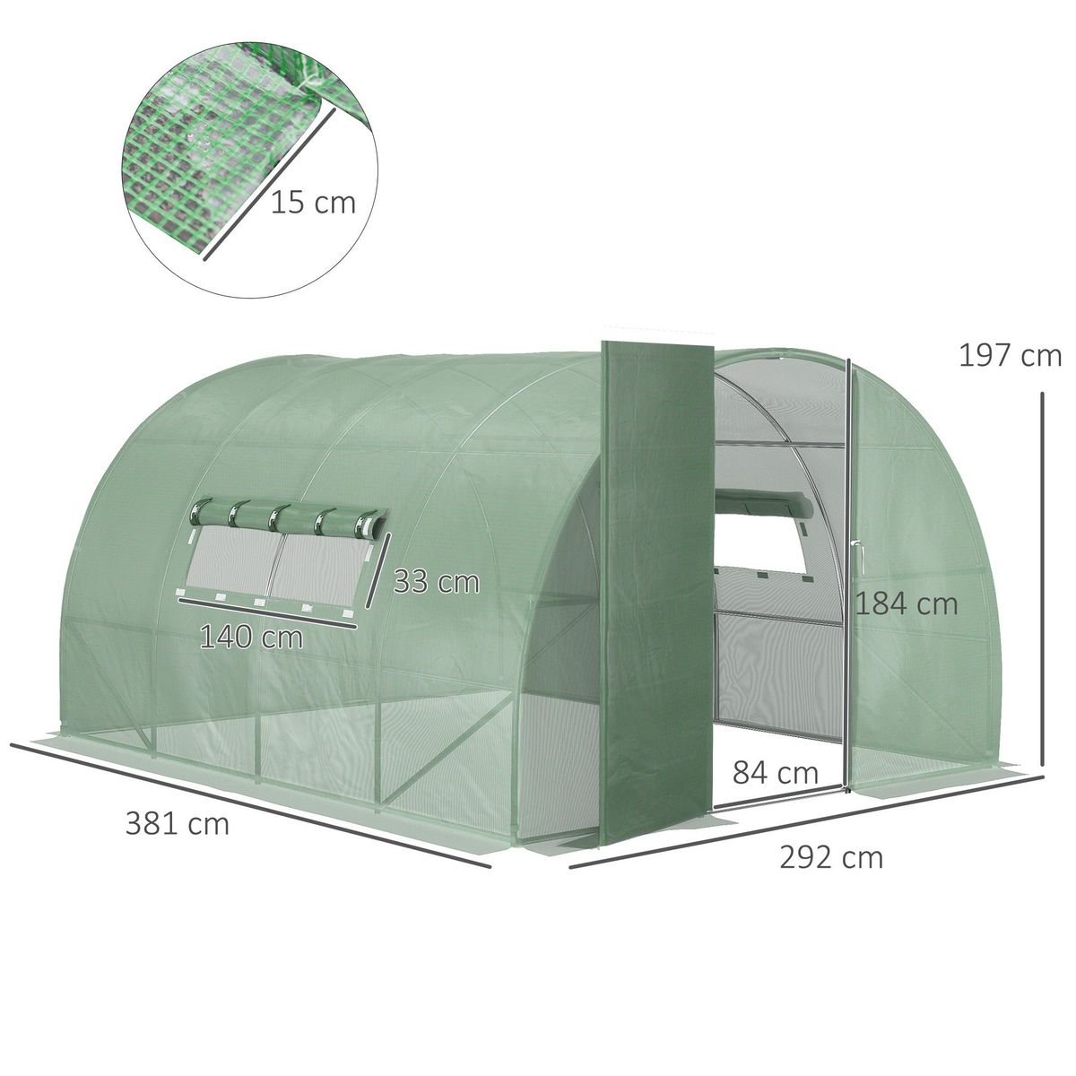 OUTSUNNY Serre de jardin tunnel 11 m² acier galvanisé renforcé diamètre 2,4 cm + PE haute densité fenêtres porte vert