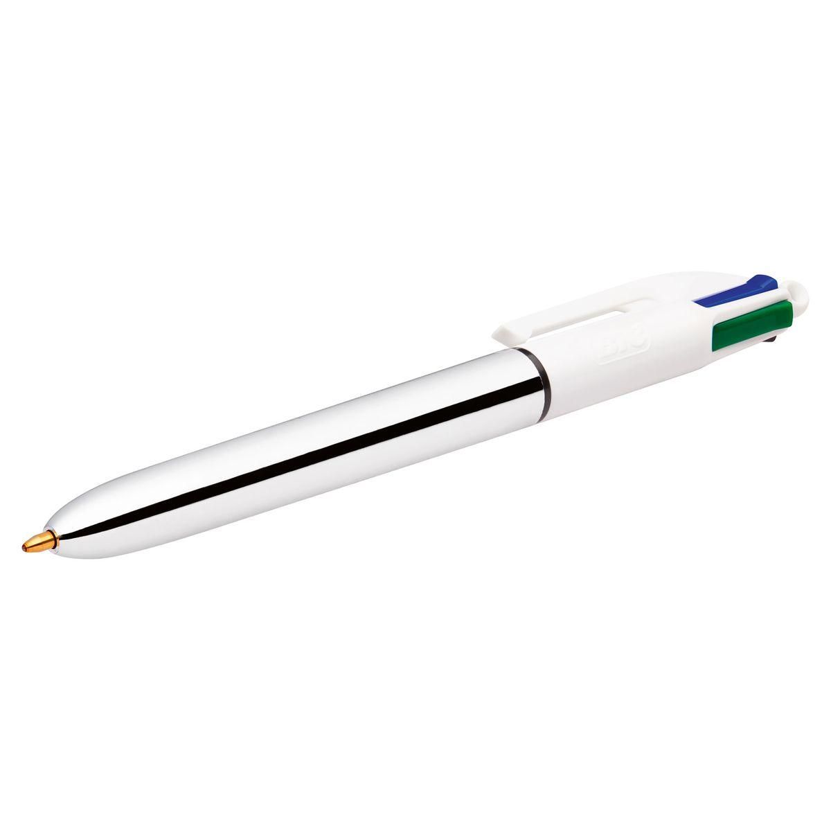BIC Lot de 3 stylos bille 4 couleurs rétractables pointe moyenne Shine 1 argent/1 rose/1 bleu