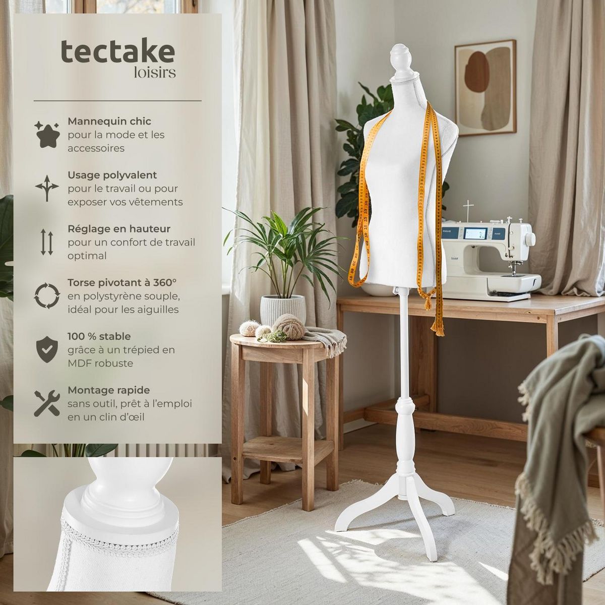 tectake Mannequin de couture torse blanc