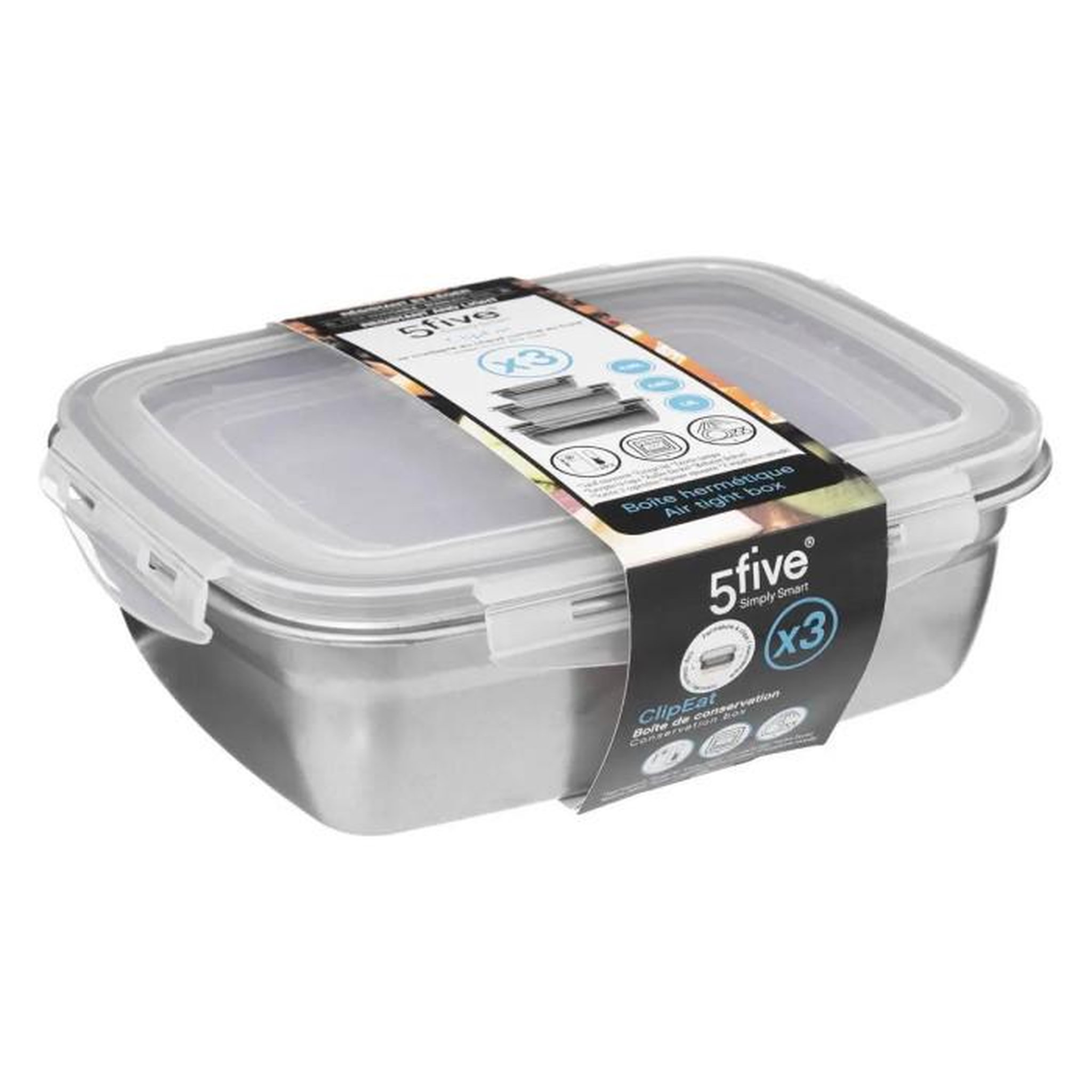 Voir la diapositive 5 : FIVE Lot de 3 Boîtes de Conservation  Clipeat  23cm Gris
