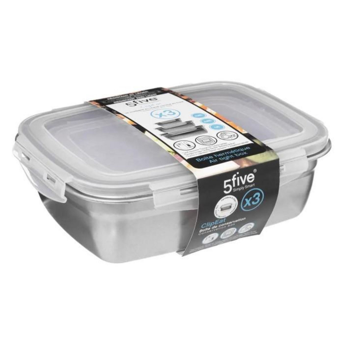 FIVE Lot de 3 Boîtes de Conservation  Clipeat  23cm Gris