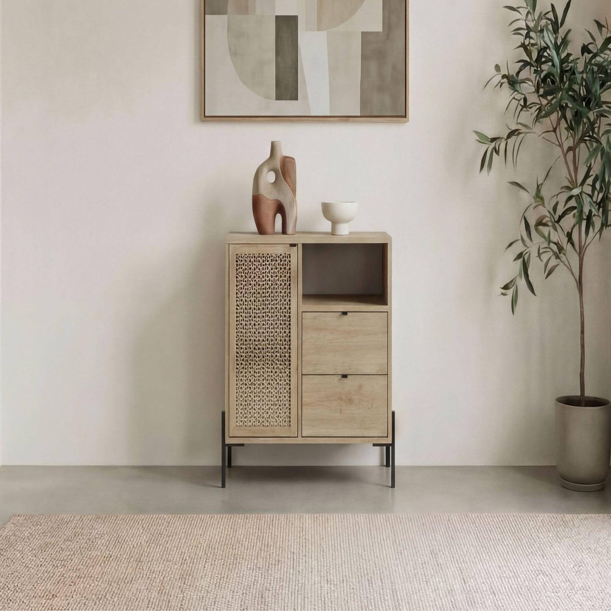 Voir la diapositive 2 : CASANOVA PARIS Stera - mini commode 1 porte 84cm en mélamine - chêne clair