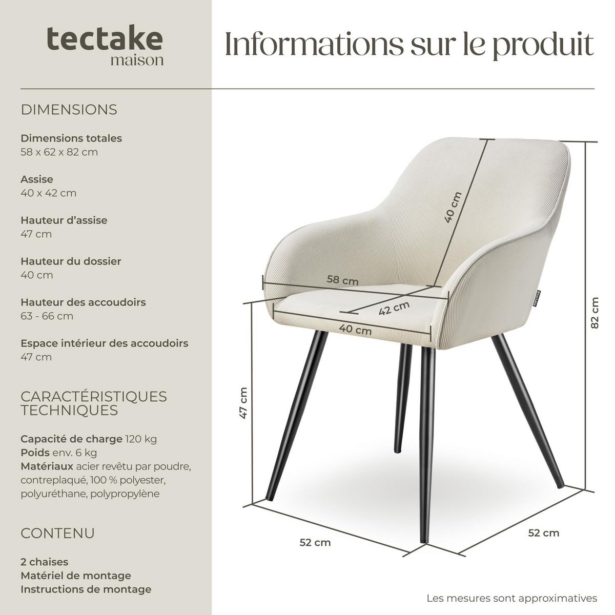 tectake Chaise de salle à manger rembourrée en velours côtelé crème/noir Lot de 2