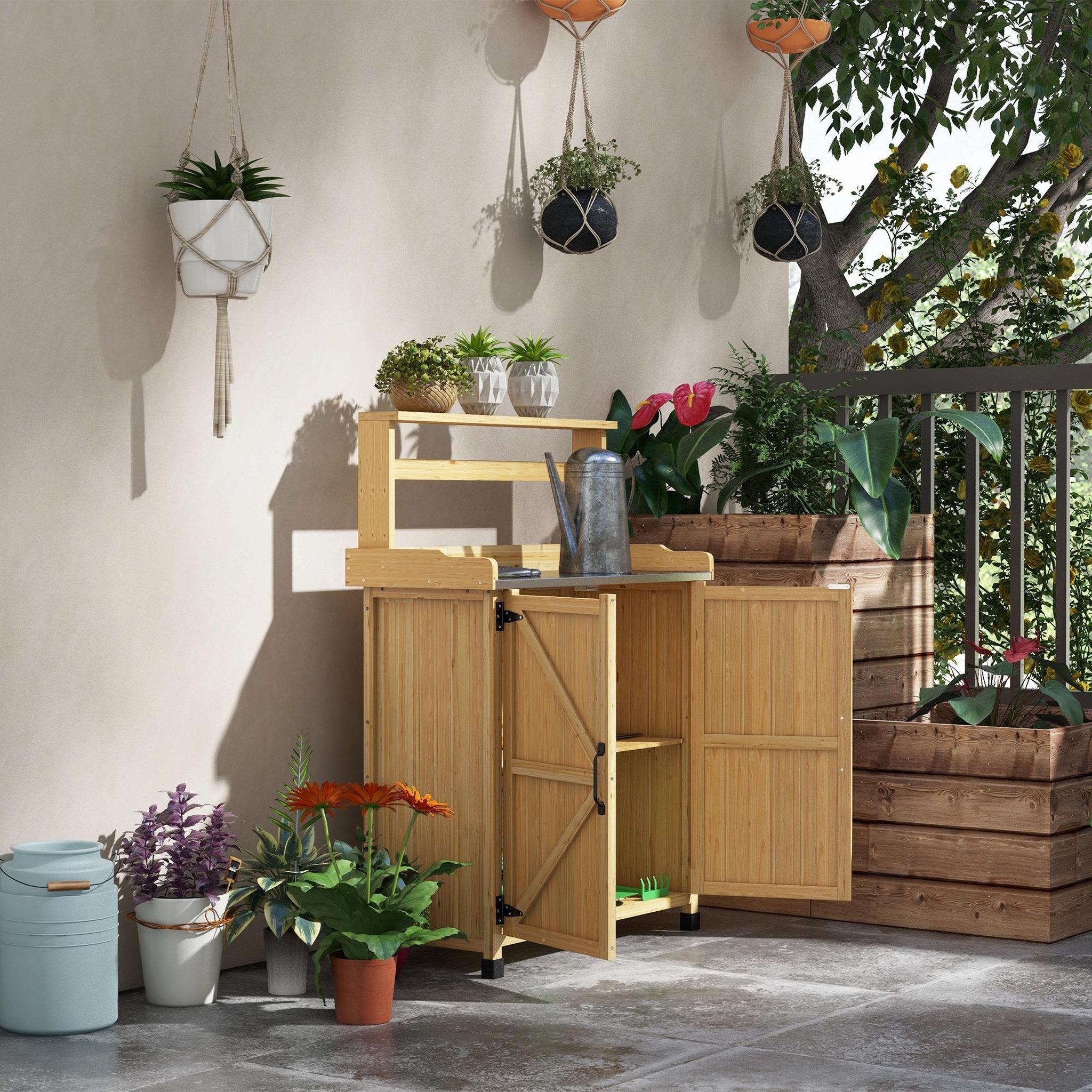 Voir la diapositive 4 : OUTSUNNY Table de rempotage jardinage - étagères, 2 portes avec étagère - plateau tôle acier galvanisé - bois sapin pré-huilé