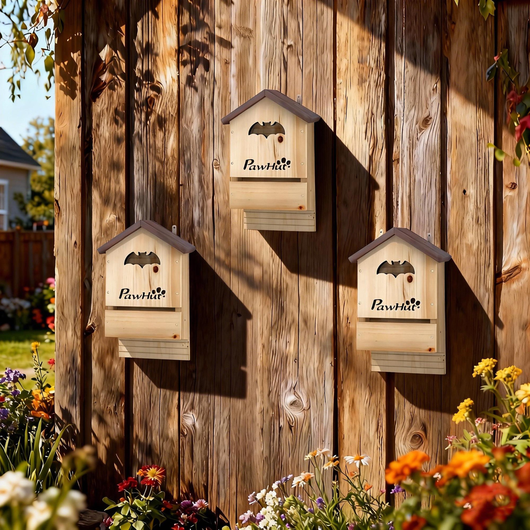 Voir la diapositive 4 : PAWHUT Nichoir à chauves-souris - lot de 3 - dim. 21 x 11 x 34 cm - bois sapin naturel brun