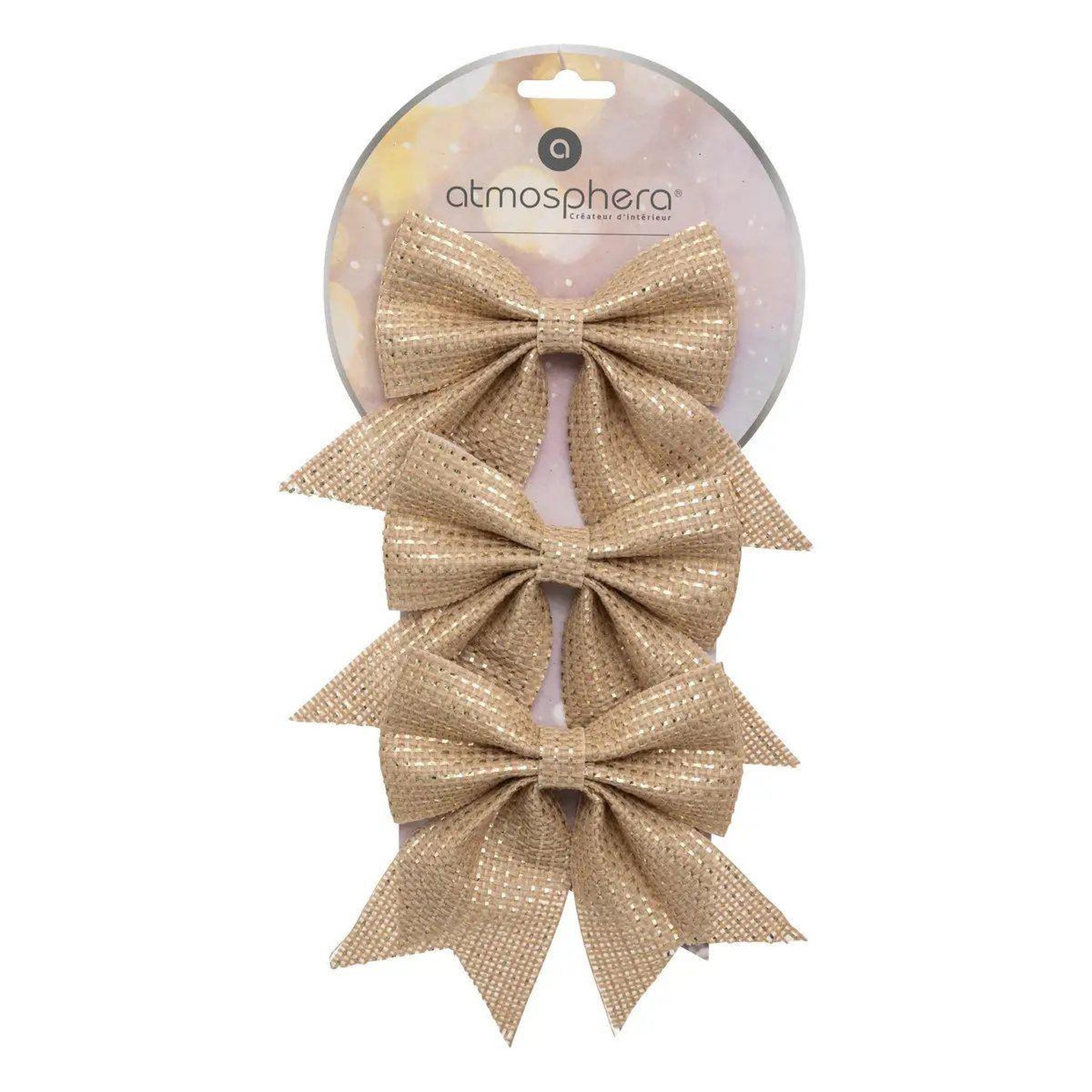 Voir la diapositive 4 : ATMOSPHERA Lot de 3 sujets de noël en jute  nœuds  13cm beige