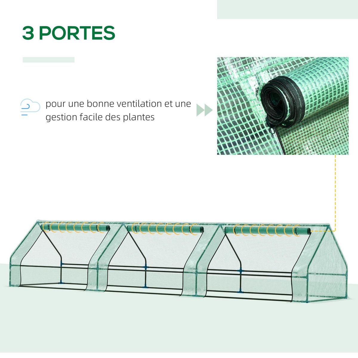 OUTSUNNY Mini serre de jardin serre à tomates 400L x 100l x 80H cm acier PE haute densité 140 g/m² anti-UV 3 fenêtres avec zip enroulables vert