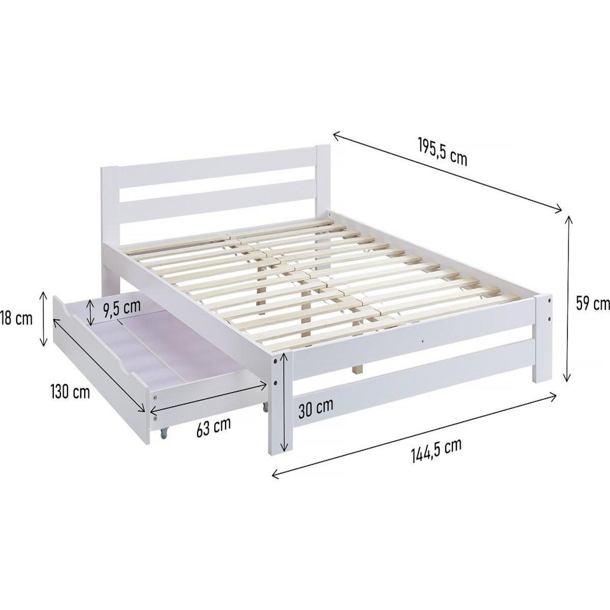 Habitat et Jardin Lit double avec tiroir en bois  Lola  - 140 x 190 cm - Blanc