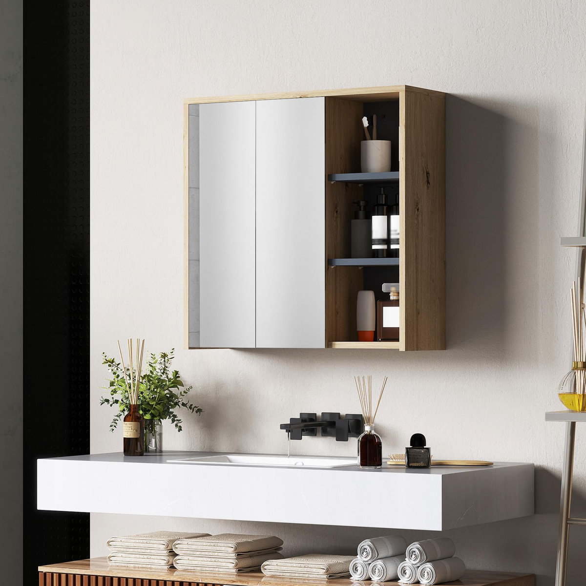 HOMCOM Armoire miroir de salle de bain - 2 portes, étagère, 3 niches - dim. 60 x 20 x 60 cm - effet bois clair naturel