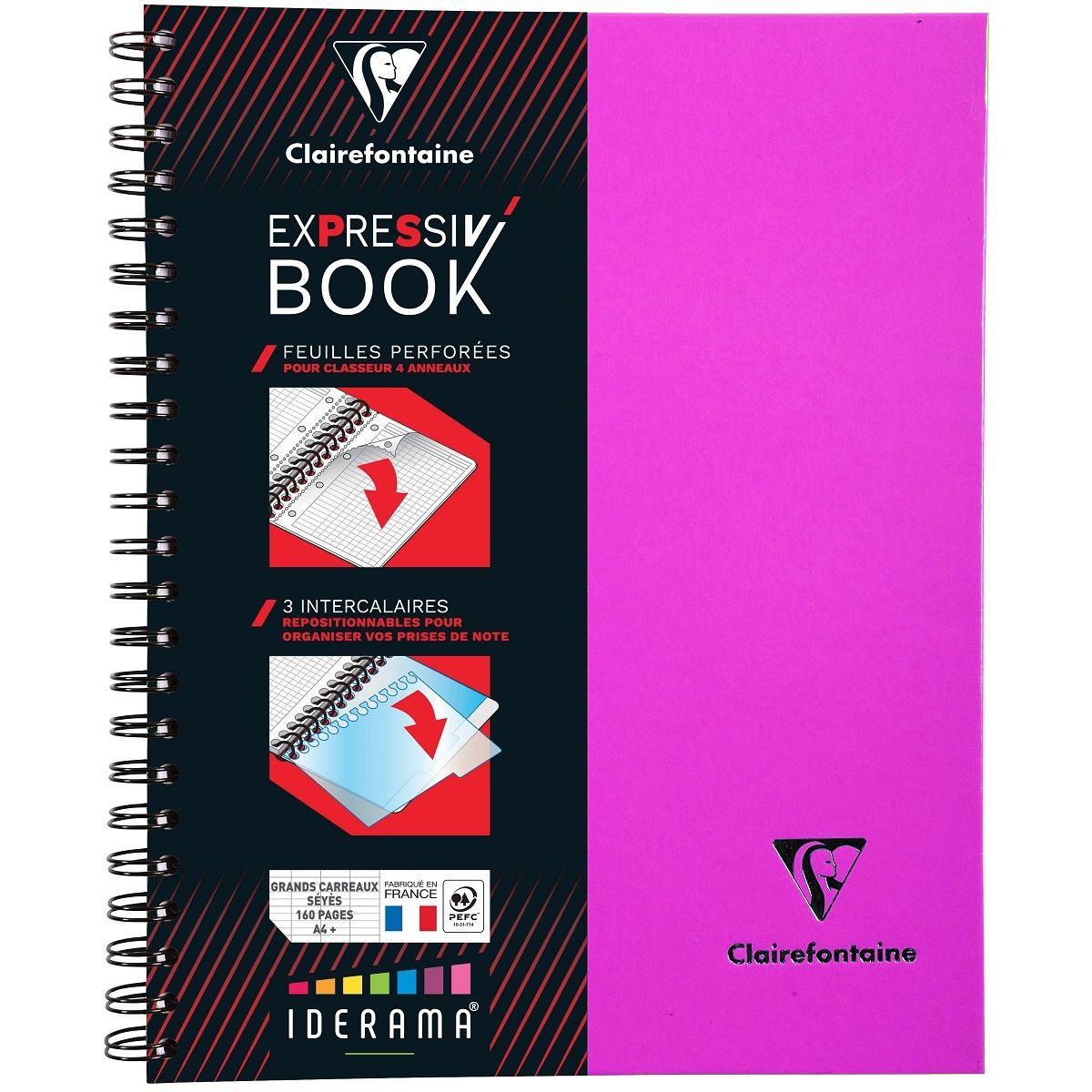 CLAIREFONTAINE Cahier à reliure intégrale avec intercalaires 160 pages 21x29.7 cm grands carreaux Seyes rose
