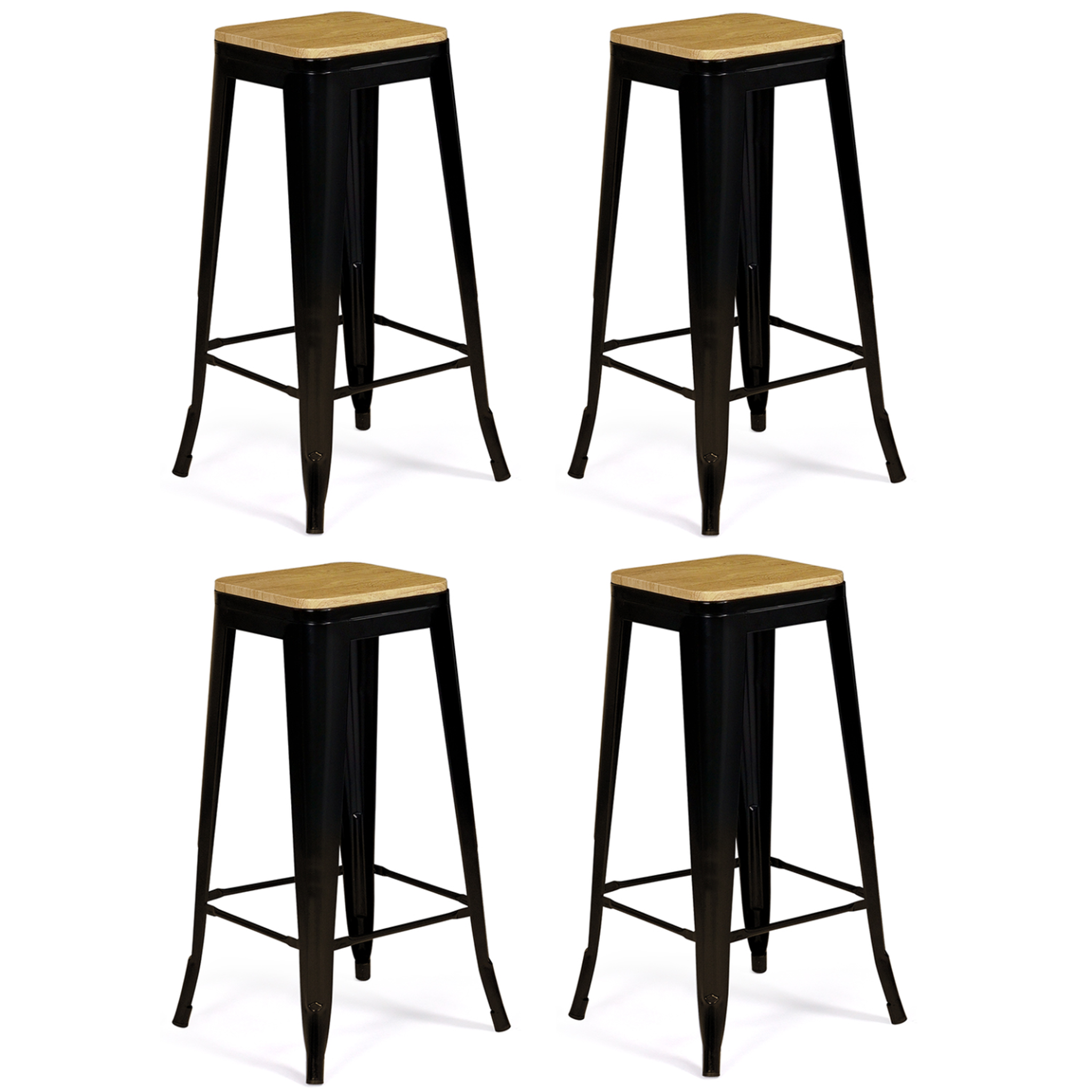 ID MARKET Lot de 4 tabourets de bar leny métal noir mat assise bois empilable aspect brut factory