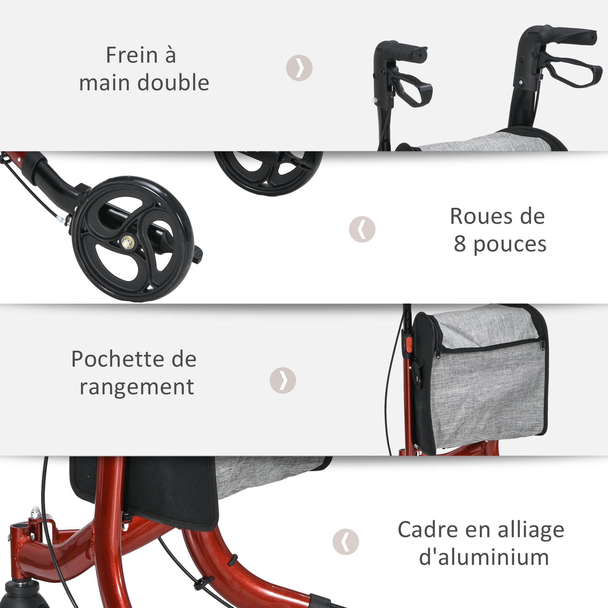 Voir la diapositive 5 : HOMCOM Déambulateur réglable pliable 3 roues frein double panier alu rouge