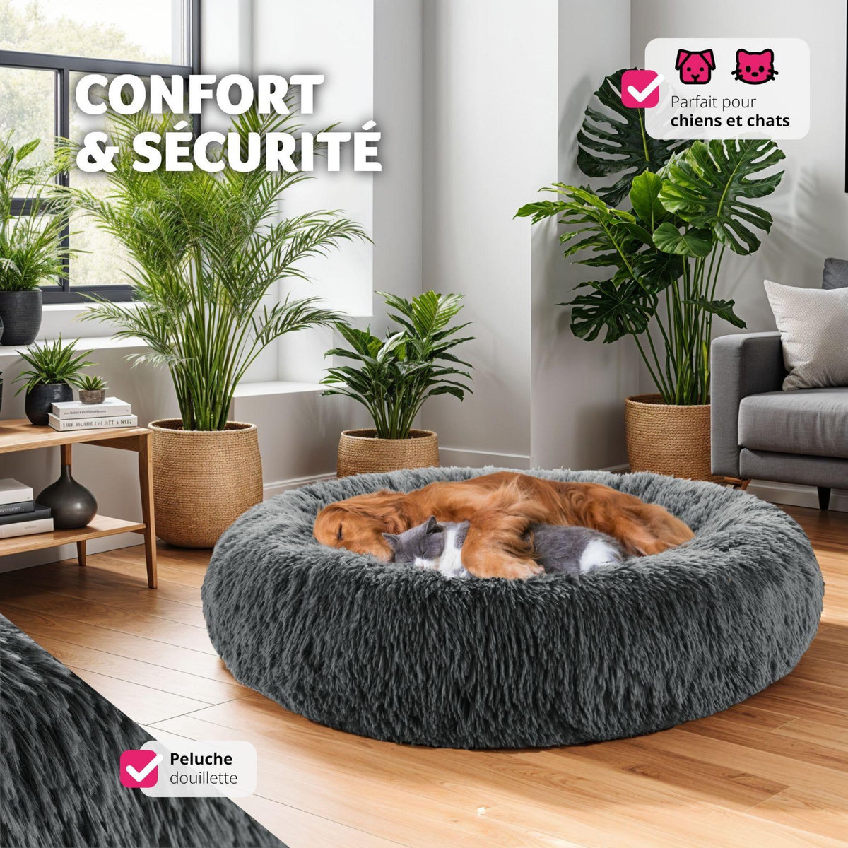 tectake Panier pour chien rond avec maille peluche longue gris Ø 60 cm