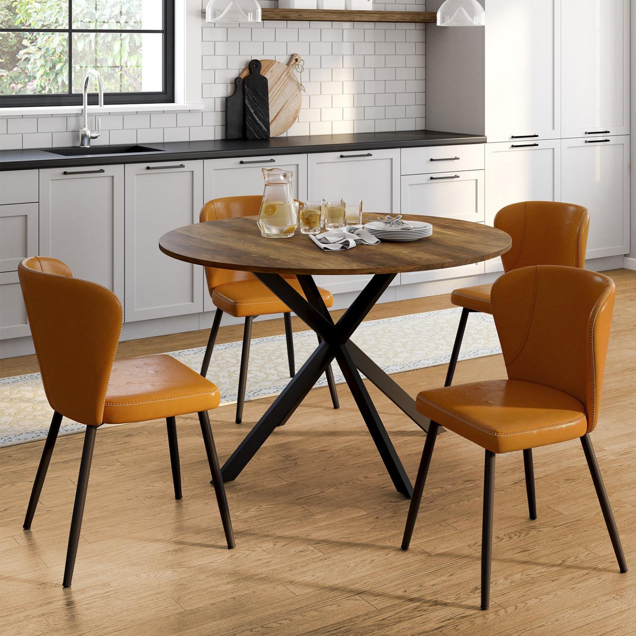 Voir la diapositive 2 : ID MARKET Lot de 4 chaises ISAURE marron avec coutures et pied métal noir