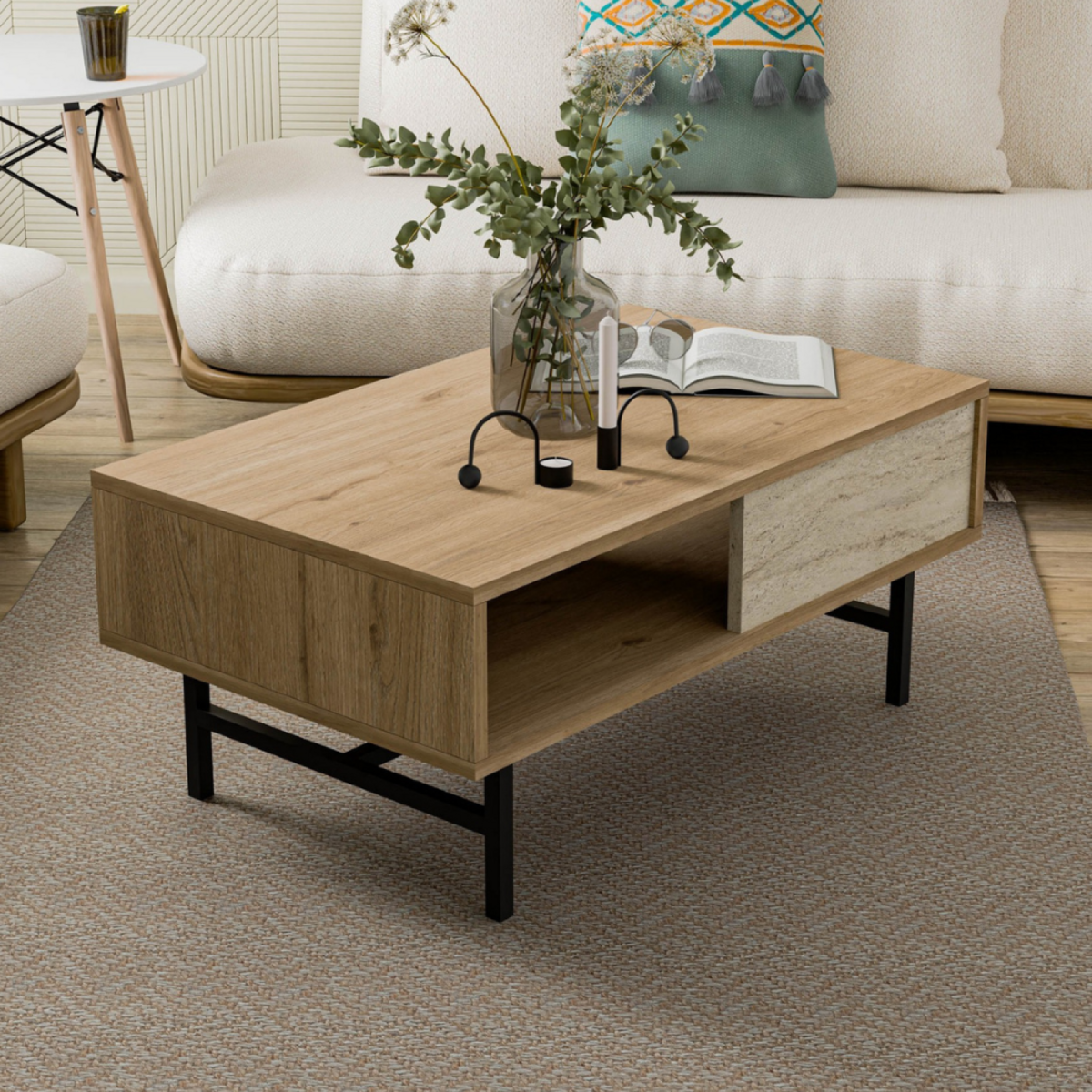 CONCEPT USINE Table basse design bois et travertin avec compartiment TROSA