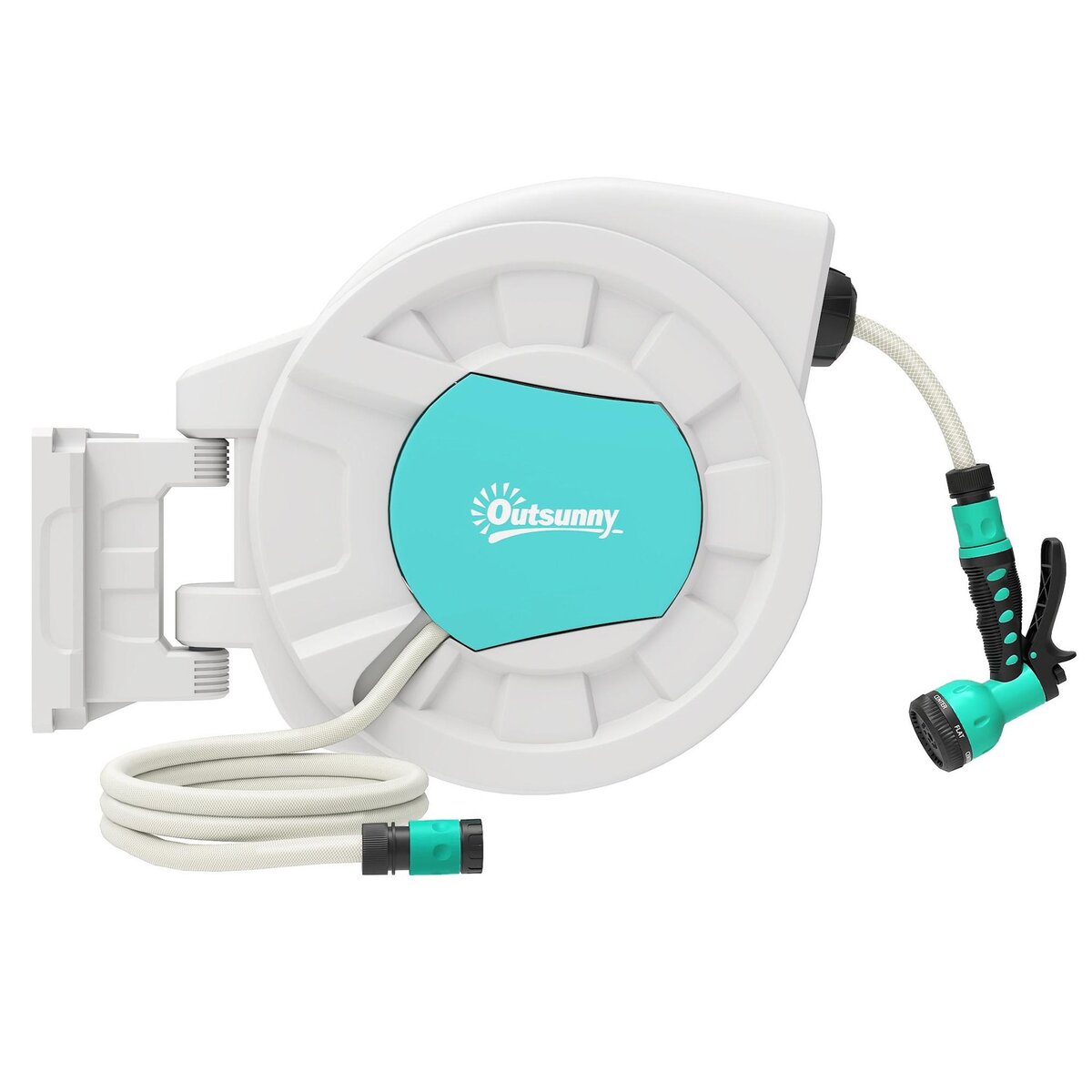 OUTSUNNY Dévidoir mural enrouleur automatique pivotant 180° tuyau 35 + 2 m avec lance arrosage 7 modes support mural intégré gris clair bleu