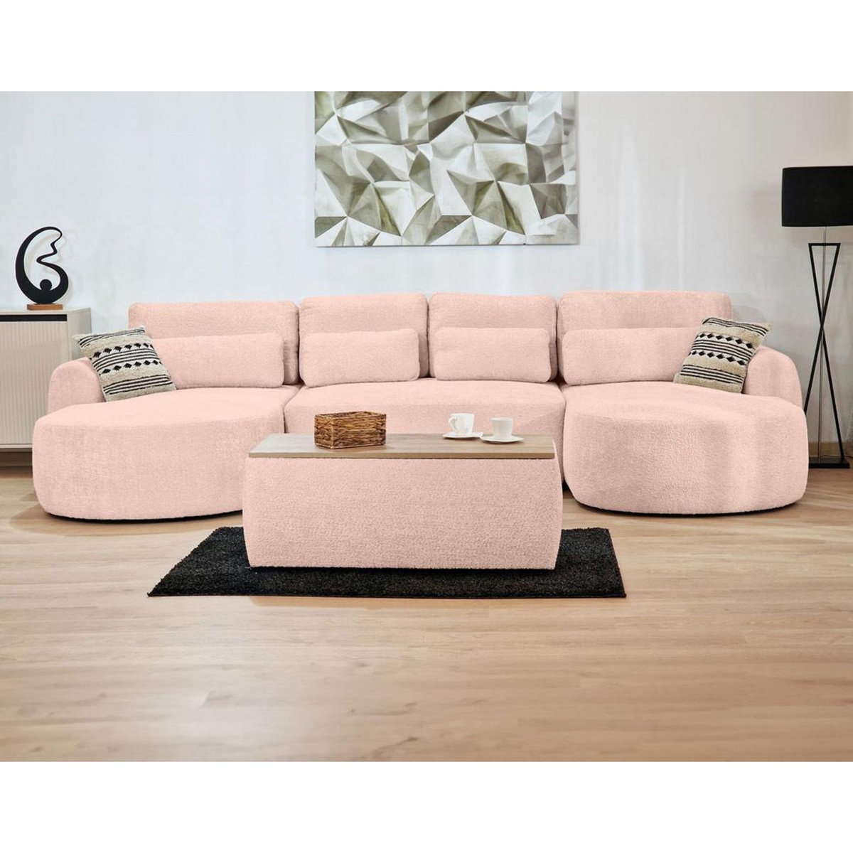 BEST MOBILIER Mahina - canapé panoramique en u 7 places - convertible avec coffre - en tissu bouclette