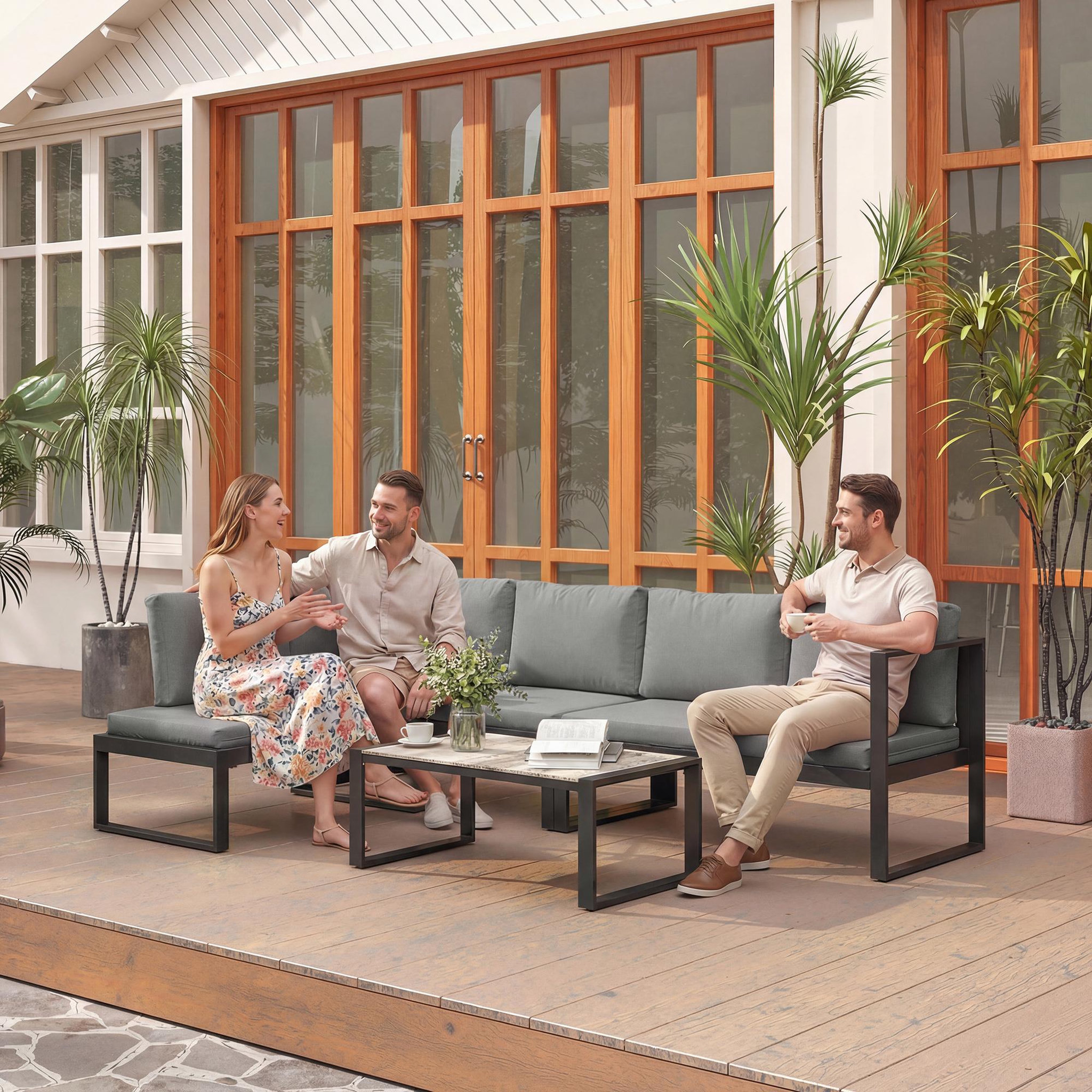 Voir la diapositive 6 : OUTSUNNY Salon de jardin d'angle 5 personnes design table basse coussins gris inclus