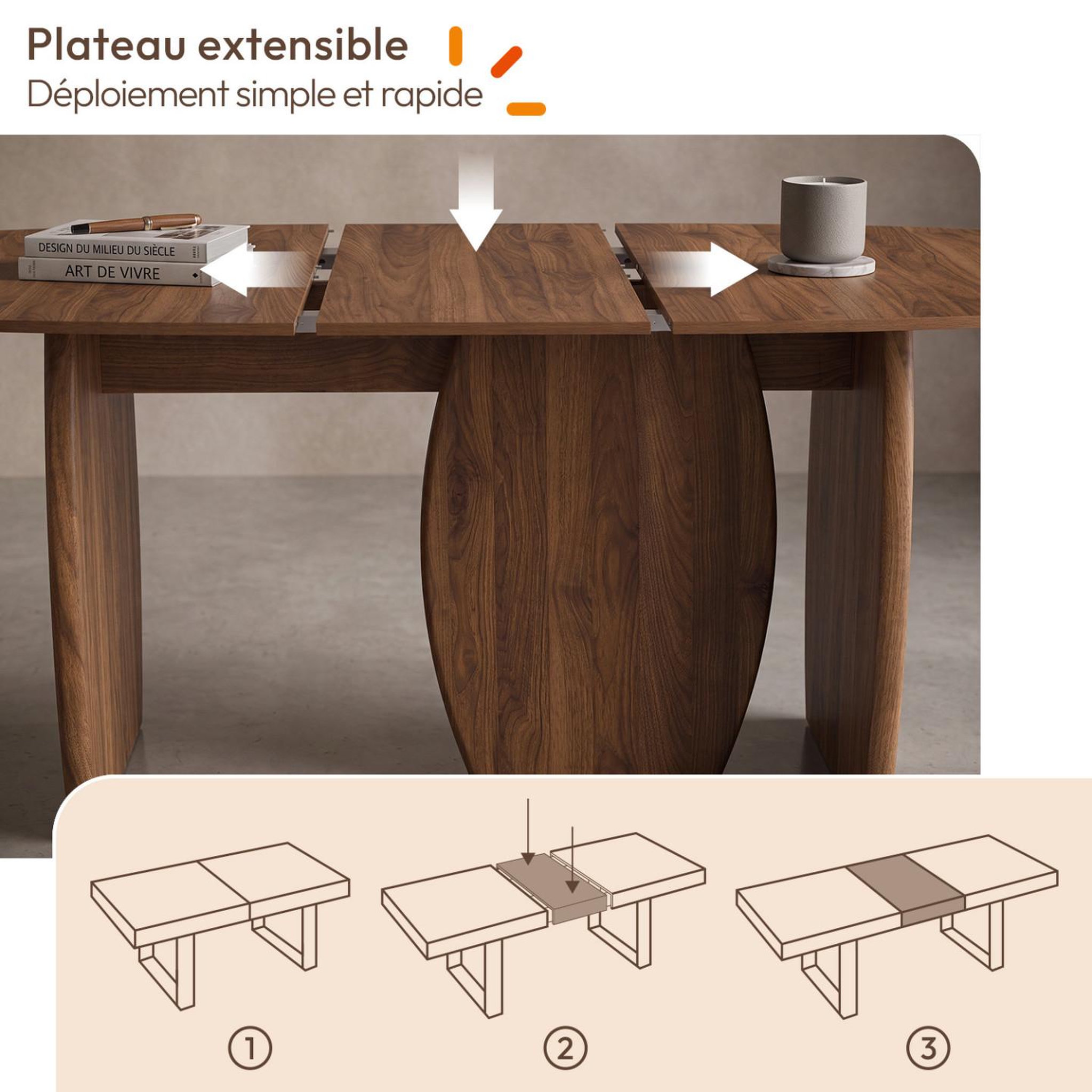 Voir la diapositive 3 : ID MARKET Table à manger extensible japandi ovale marilou 6-10 personnes 3 pieds noyer 160-200 cm