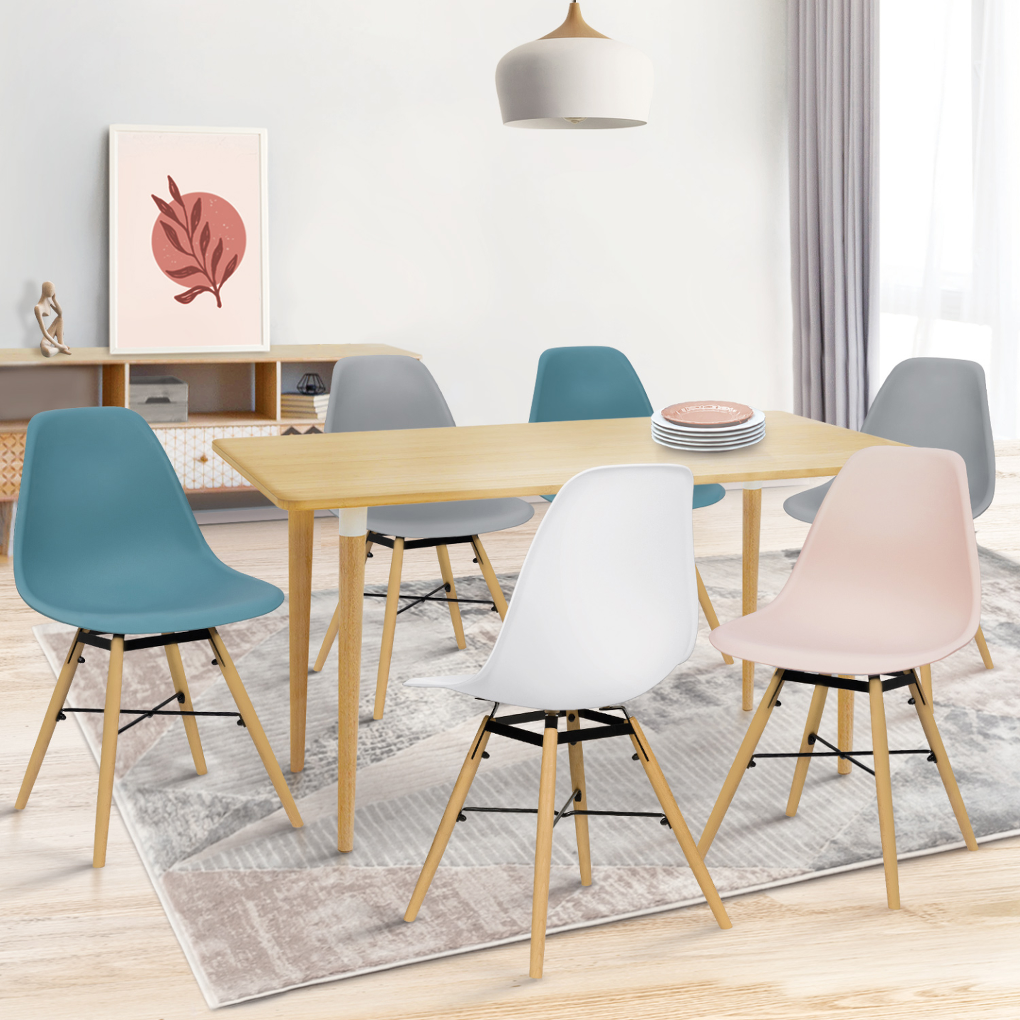 Voir la diapositive 2 : ID MARKET Lot de 6 chaises sandra mix color pastel rose, blanc, gris clair x2, bleu x2