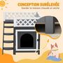 Voir la diapositive 5 : PAWHUT Maison niche chat sur pied - 2 niveaux, porte loquet, terrasse, escalier - bois gris blanc