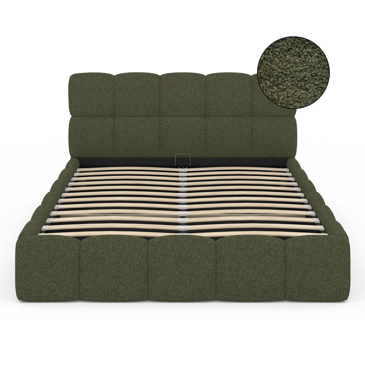 ID MARKET Lit coffre double NUAGE avec tête de lit matelassée et sommier 140 x 190 cm tissu bouclette vert kaki