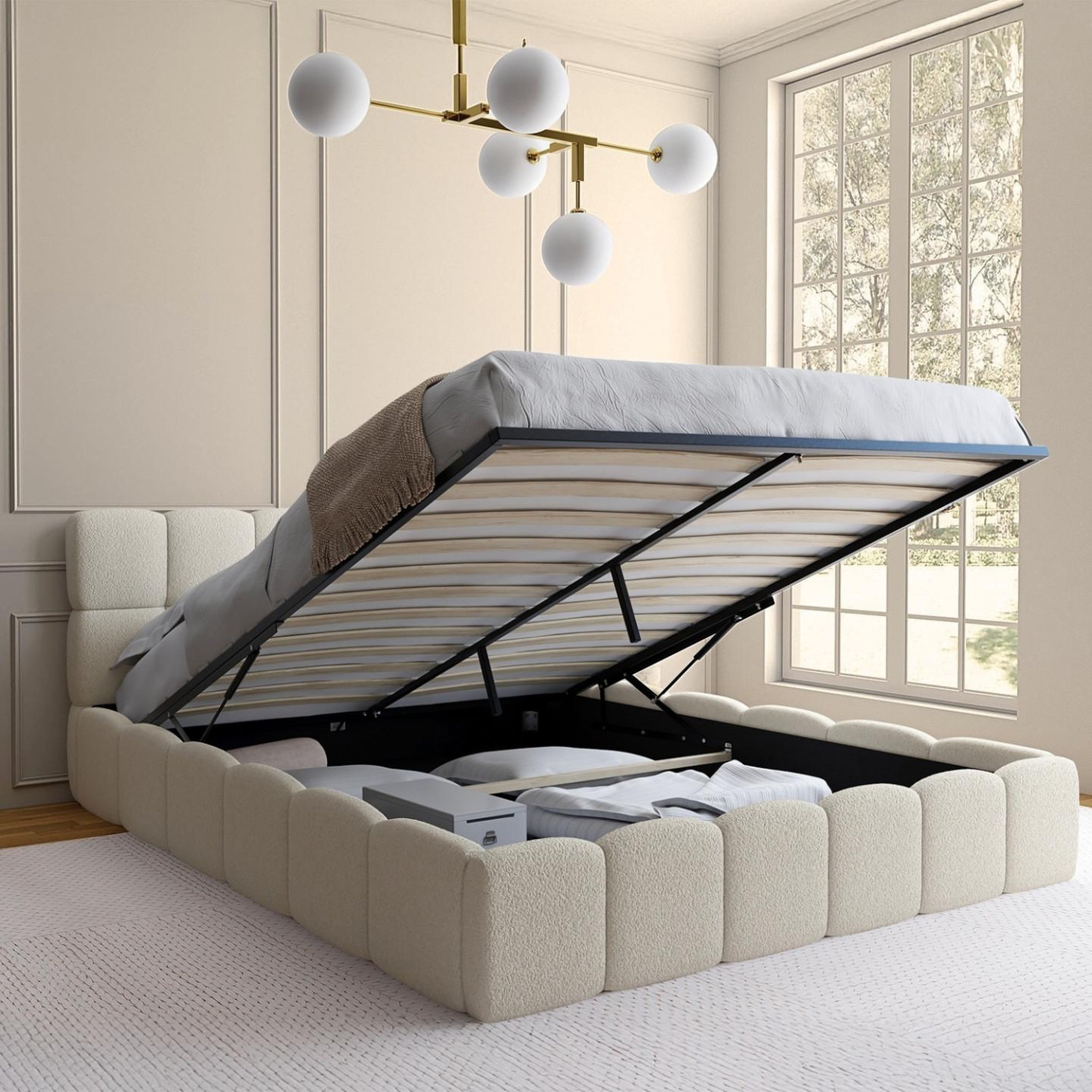 Voir la diapositive 2 : ID MARKET Lit coffre double nuage avec tête de lit matelassée et sommier 160 x 200 cm tissu bouclette blanc