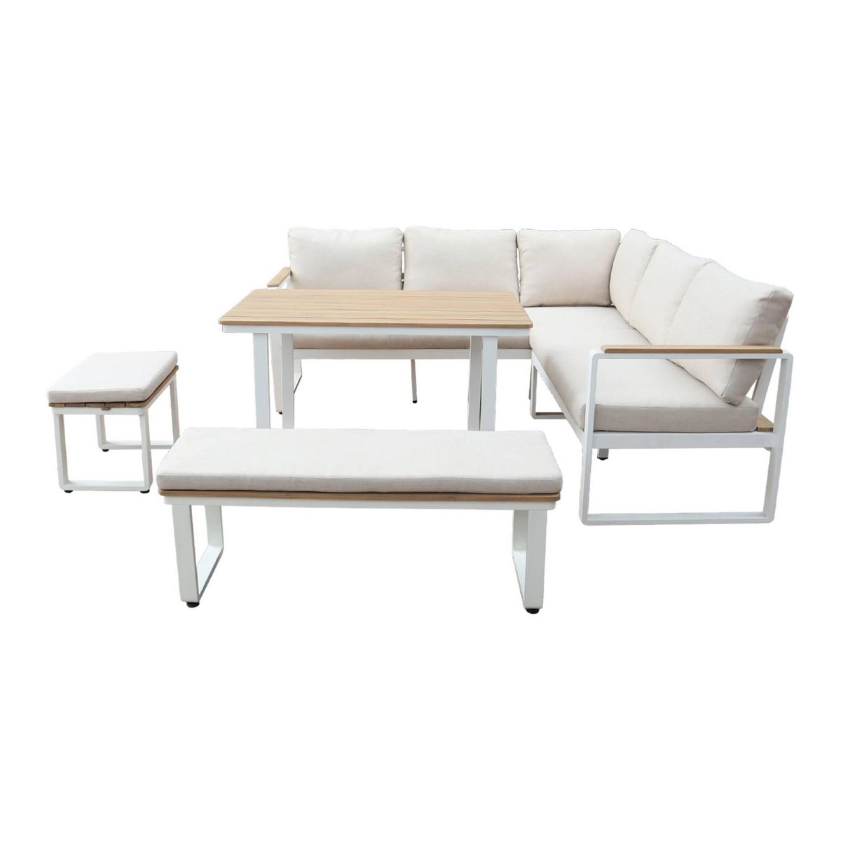 SWEEEK Salon de jardin PAMPAS 8 places en bois d'acacia et aluminium, coussins beiges en polyester, avec table rectangulaire