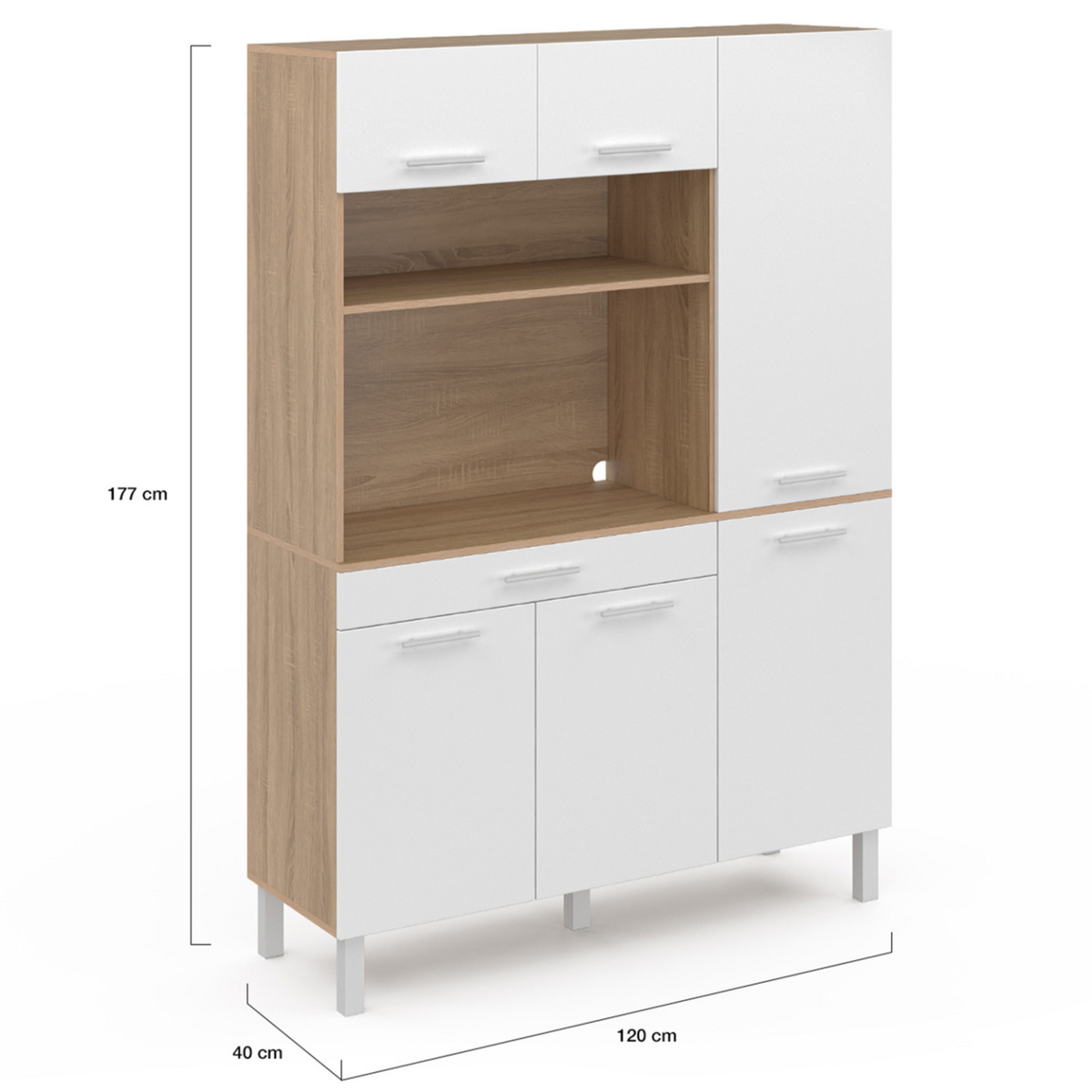 ID MARKET Buffet de cuisine avec colonne de rangement 120 CM CINA 6 portes + tiroir façon hêtre et blanc